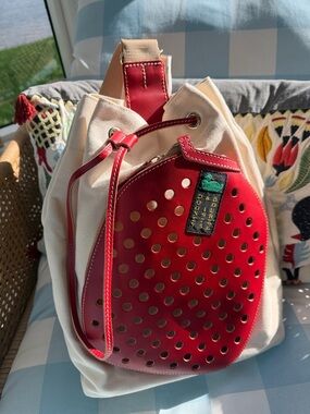 Dooney & Bourke Red and Cream Canvas Drawstring Backpack